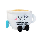 Plush toy shaped like a teacup with a face and text on a white background