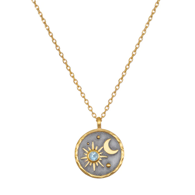Celestial Aquamarine Sun Moon Birthstone Necklace