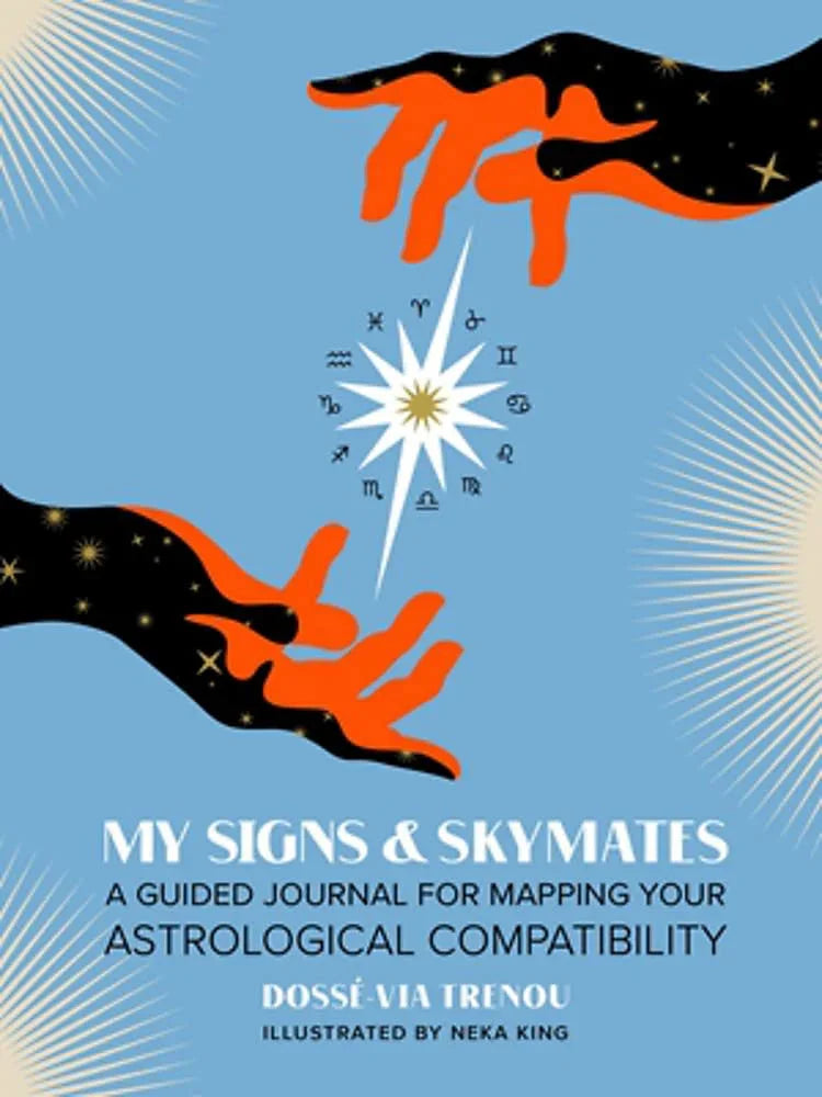Book cover of 'My Signs & Skymates' with hands reaching towards a star and astrological symbols.
