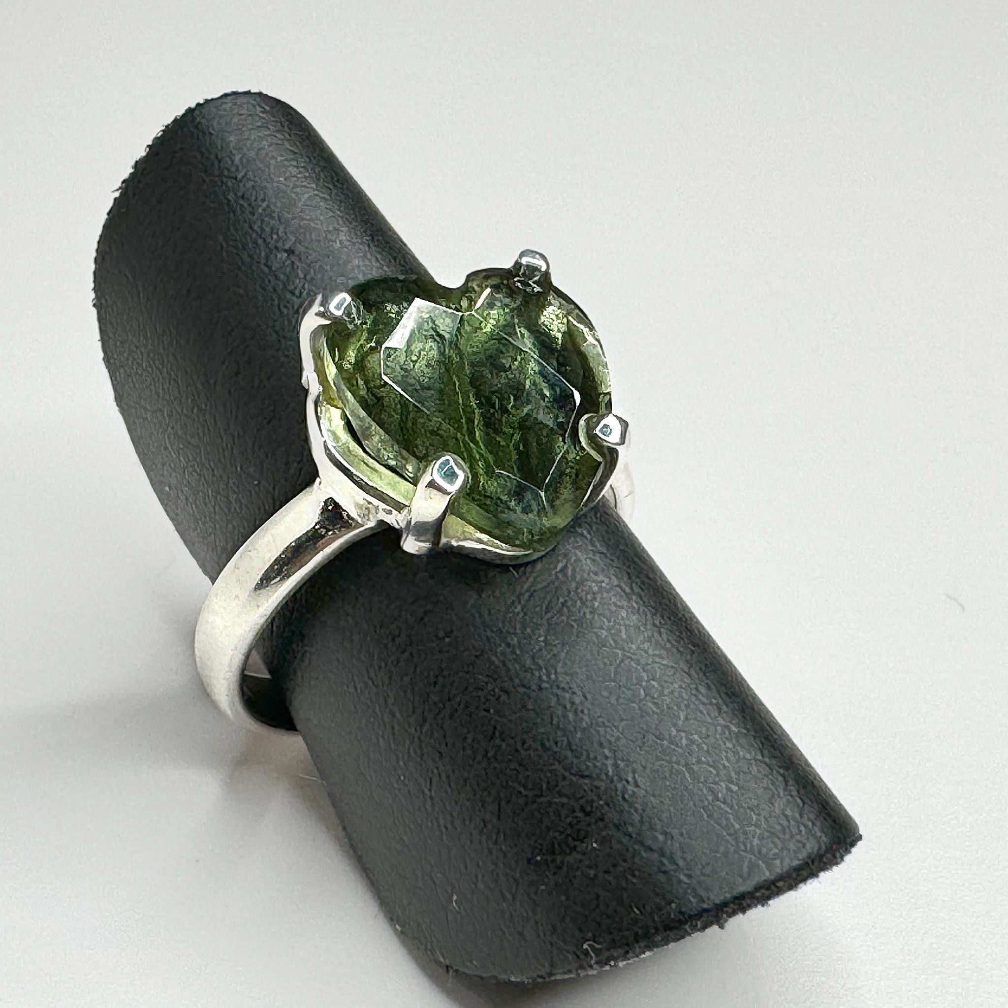 Moldavite Faceted Heart Ring with Sterling Silver left view