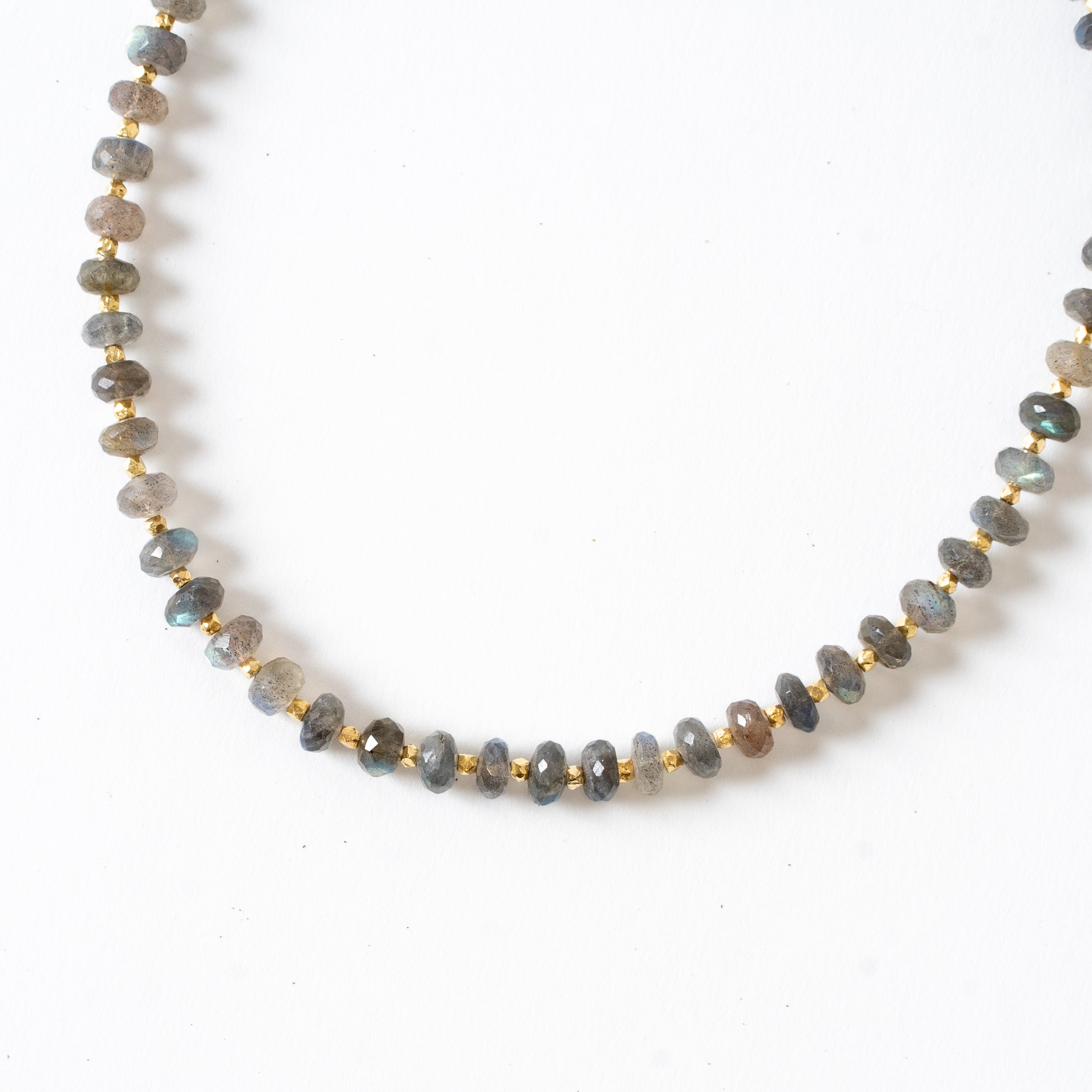 Up-close Labradorite Necklace 16" on 14K Gold Vermeil Chain with 1" Extender