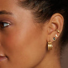 Topaz White Star Hoop Earrings, 18KT Gold Plated Brass close-up on model