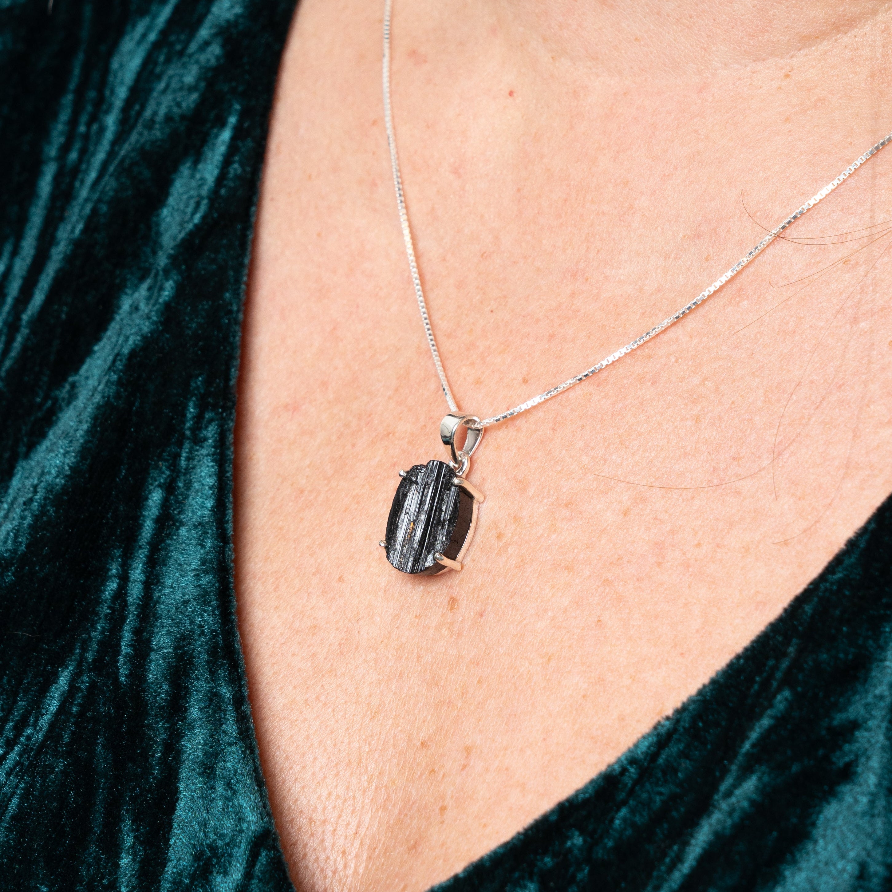 Natural Black Tourmaline Pendant Necklace on a Women's Neck.