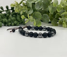 Obsidian Matte and Hematite 8mm Smooth Bead Bracelet Adjustable Full View