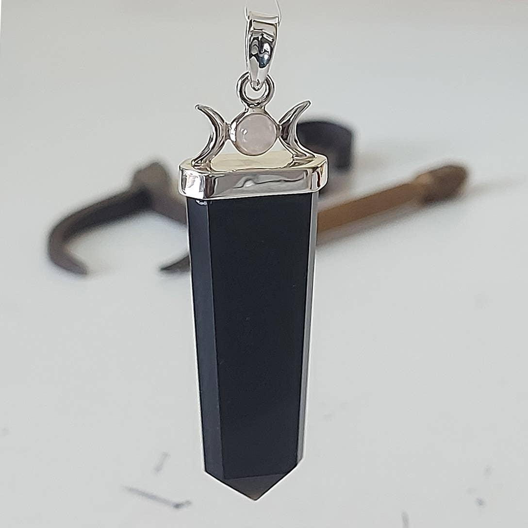 Black Tourmaline and Moonstone Triple Goddess Pendant Up Close