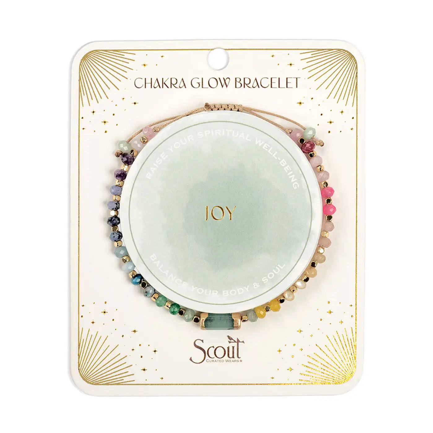 Chakra glow bracelet packaging with 'JOY' on a white background