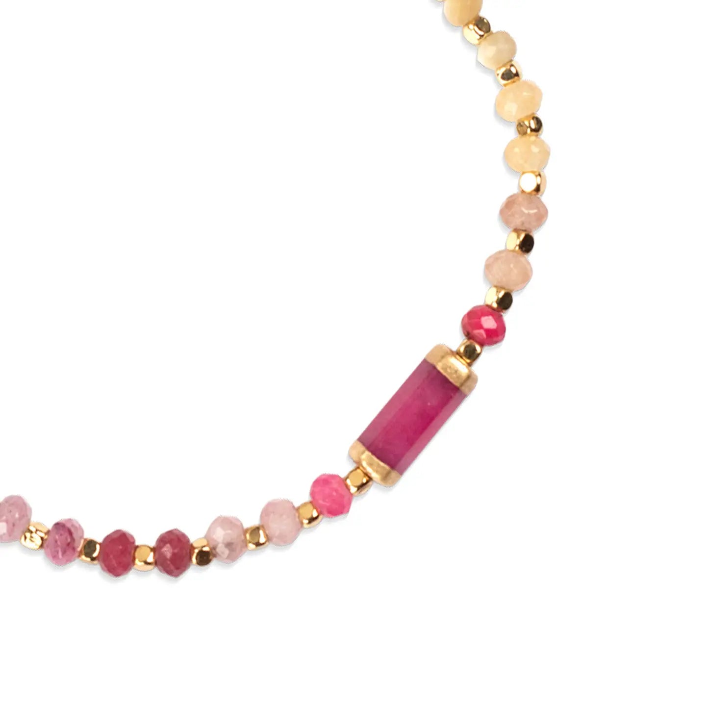 Necklace with pink and gold beads on a white background