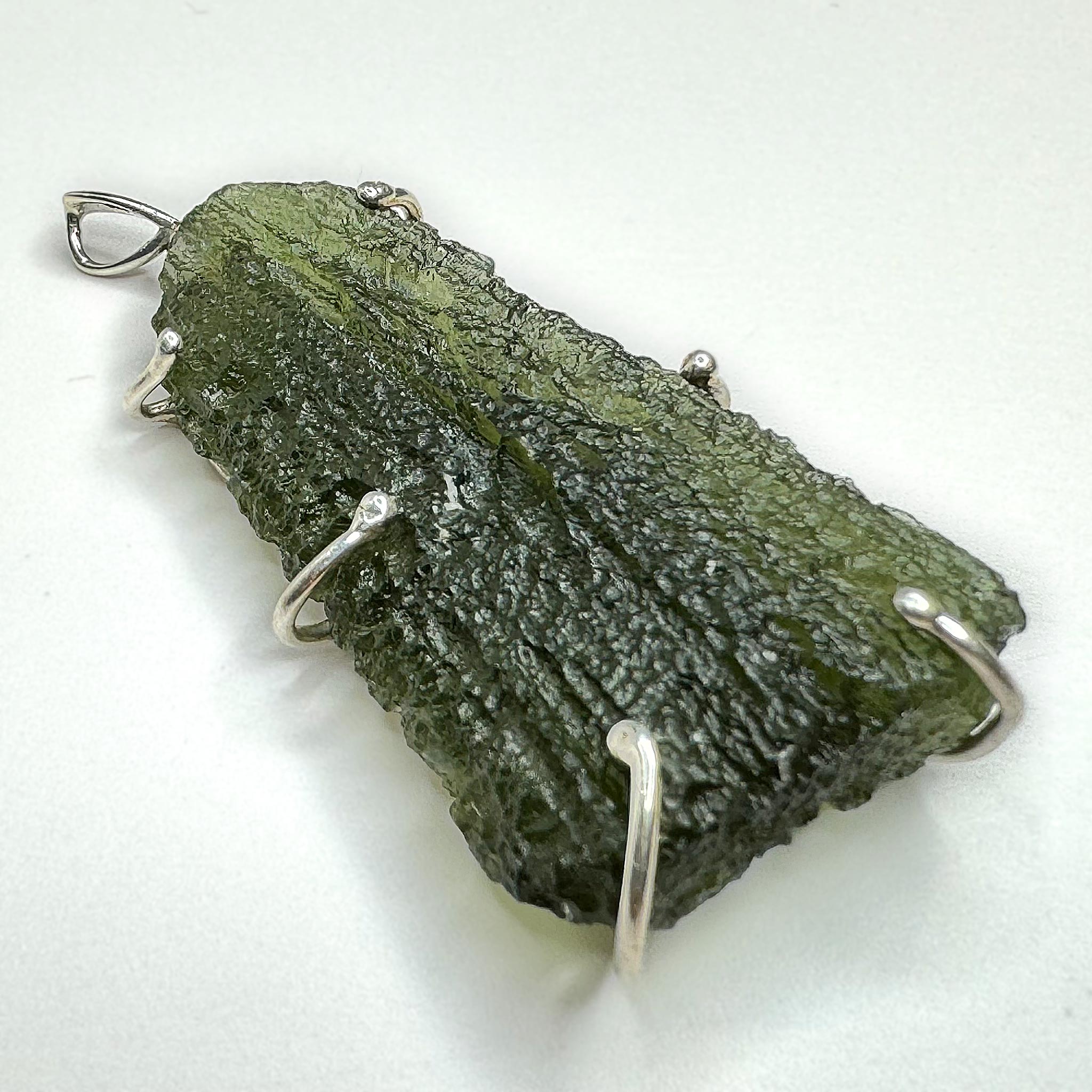 Moldavite Rough Pendant Sterling Silver Prong Setting side view