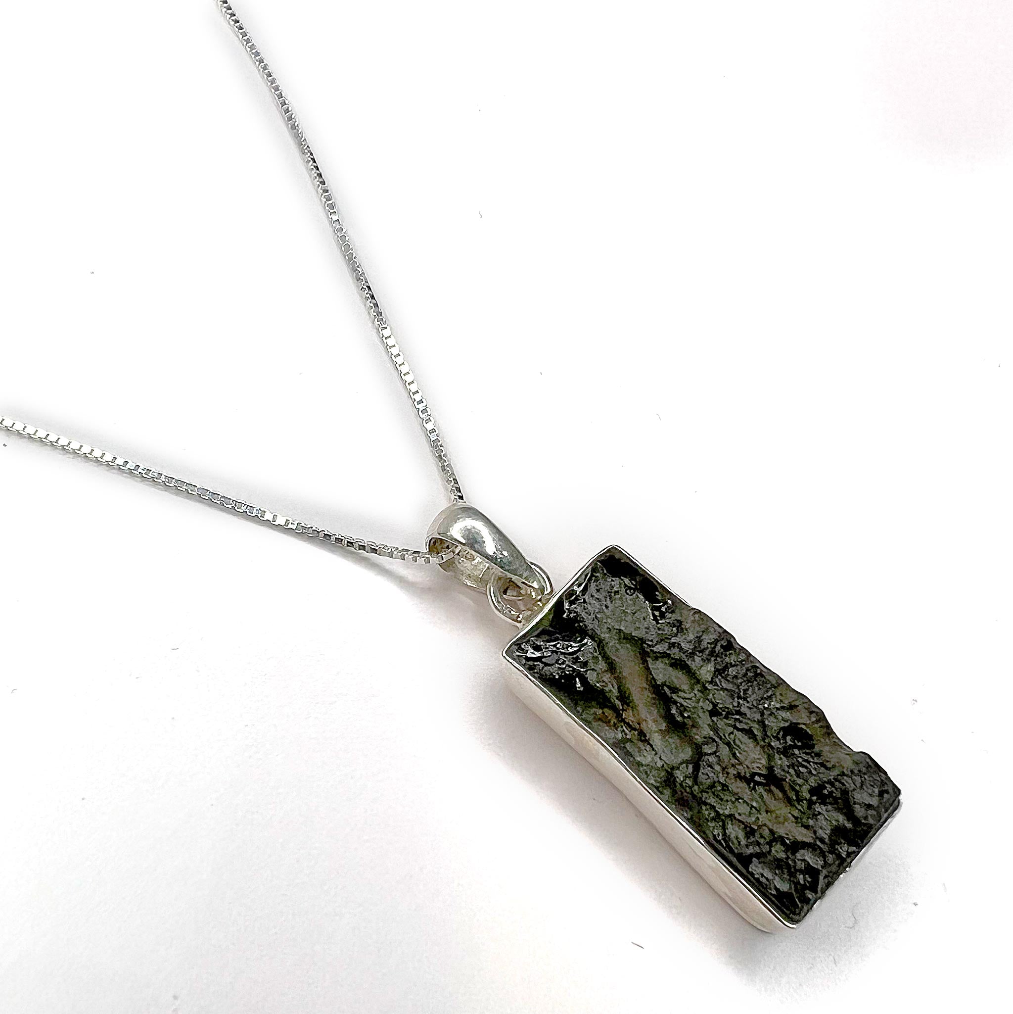 Moldavite Rectangle Necklace with Sterling Silver at angle