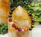 (Grief & Loss) Carnelian Banded, Rose Quartz and Quartz Smoky 8mm Smooth Bead Stretch Bracelet 2 On Citrine Point