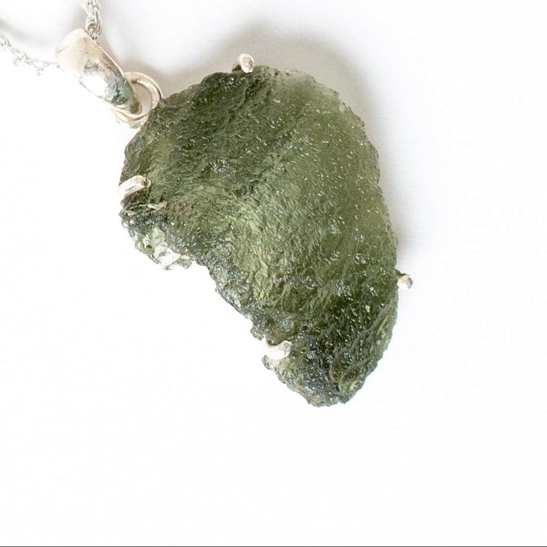 Rough Moldavite Sterling Silver Prong Pendant