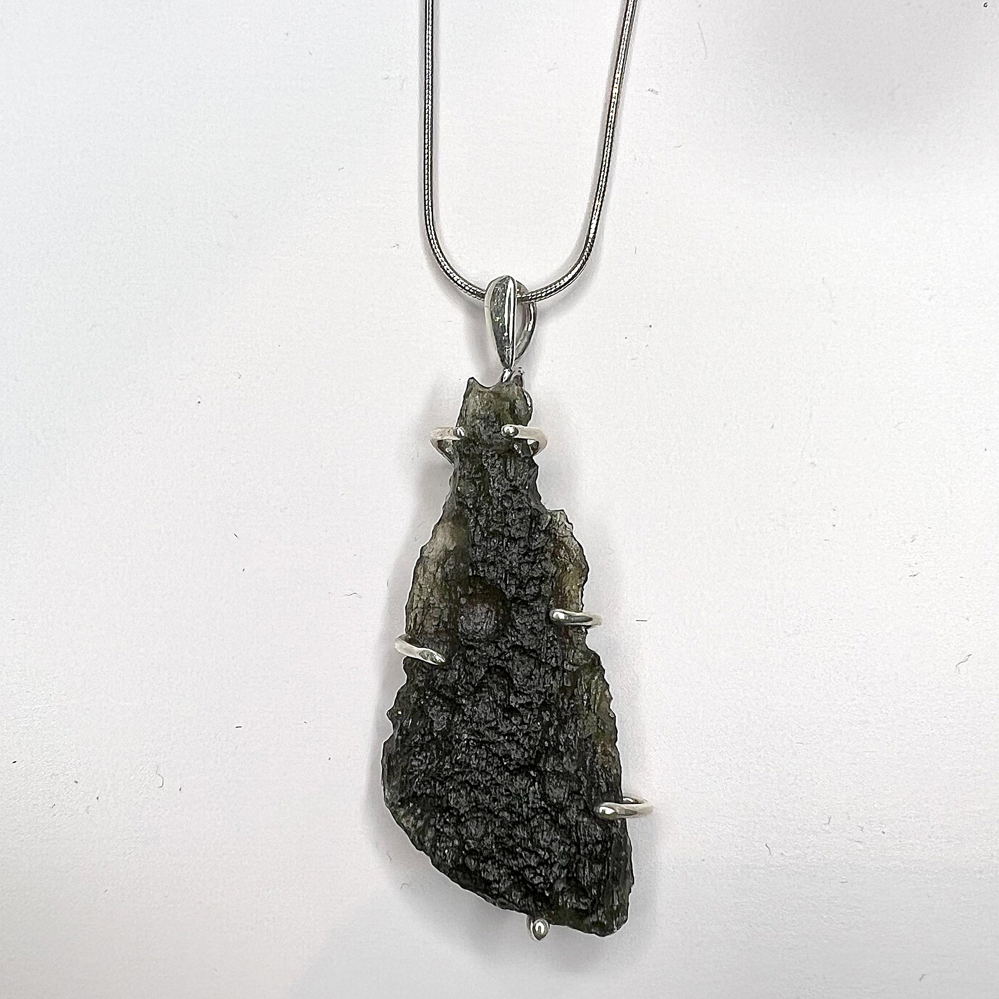 Moldavite Rough Necklace Sterling Silver Prong Setting front