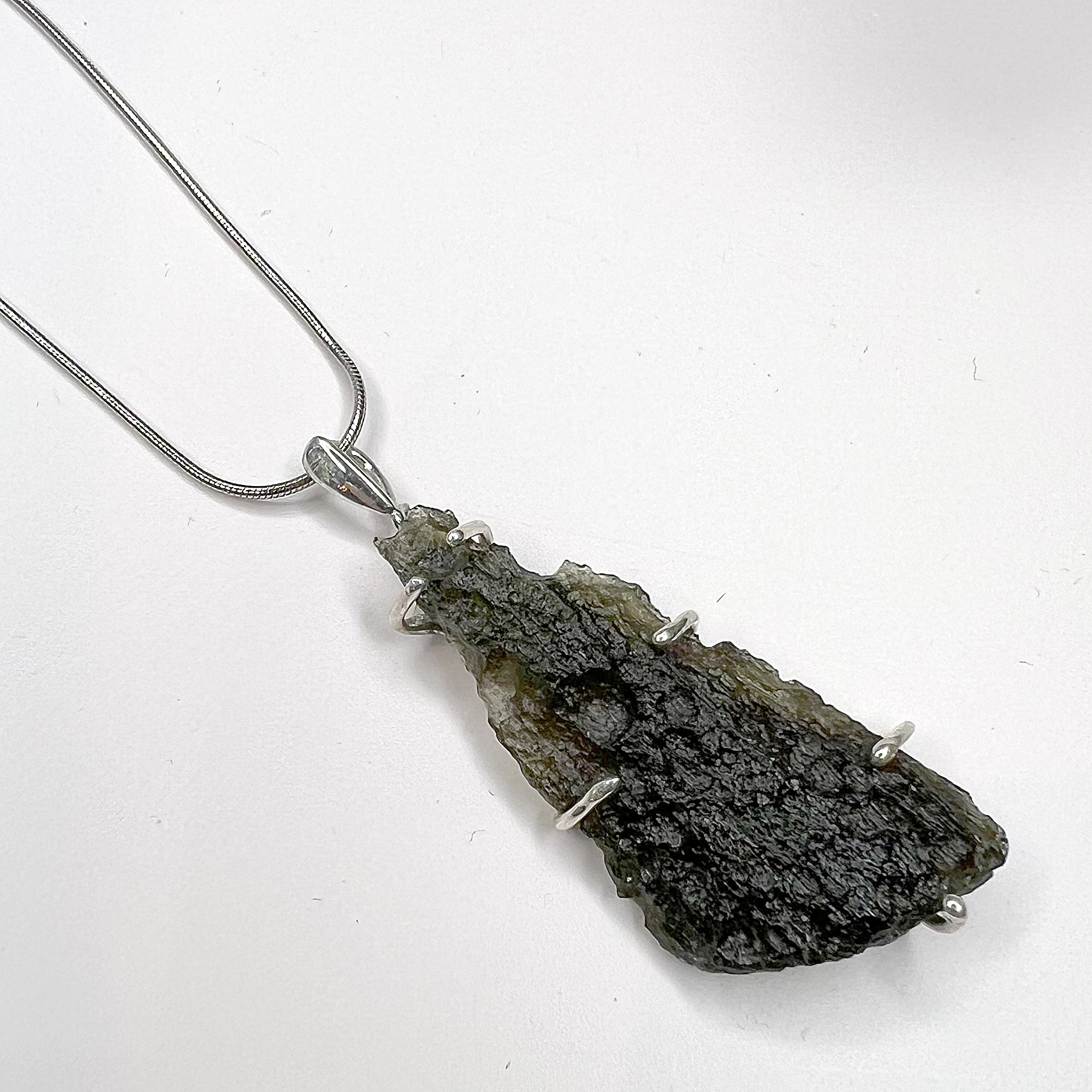 Moldavite Rough Necklace Sterling Silver Prong Setting angle view