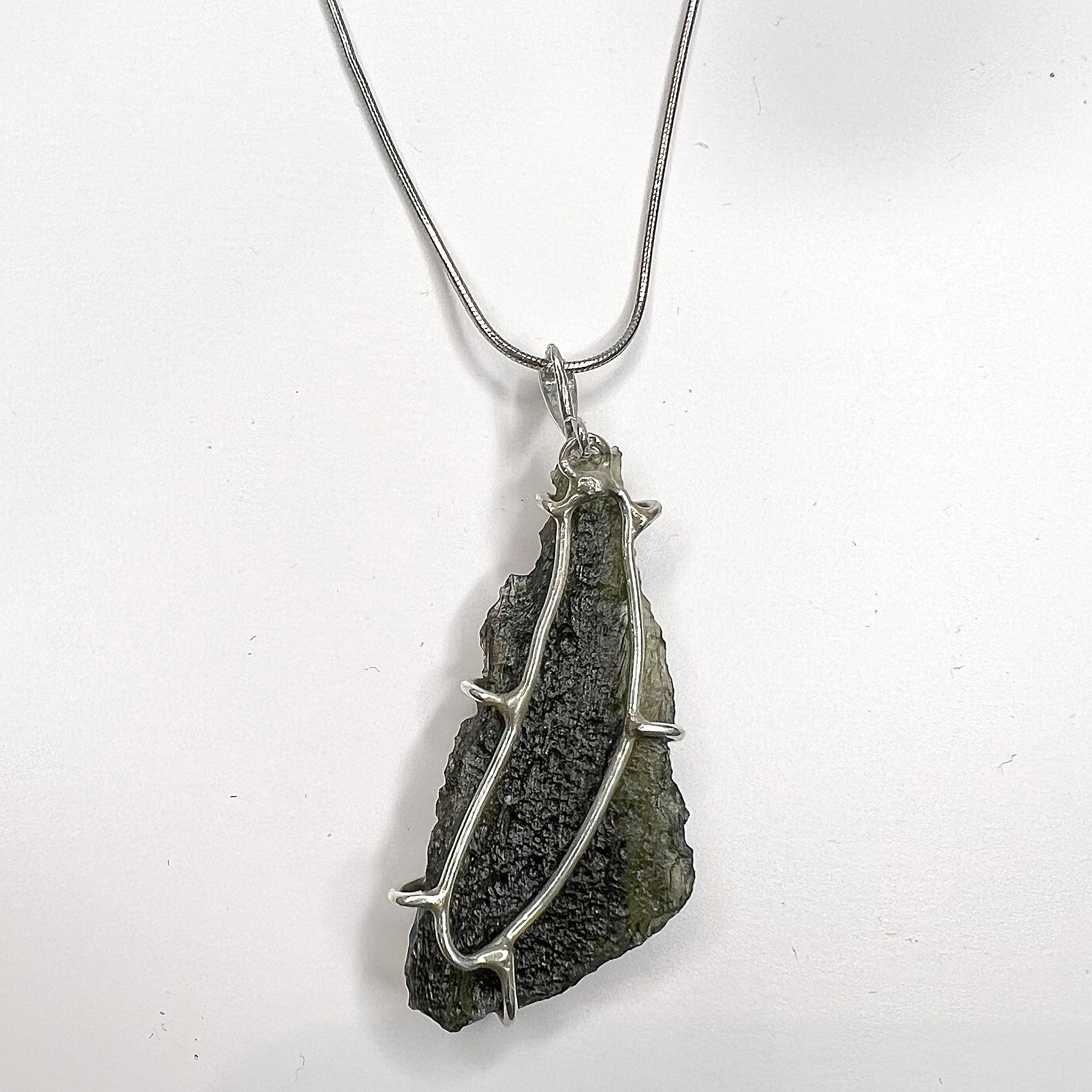 Moldavite Rough Necklace Sterling Silver Prong Setting back view