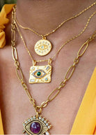 Evil Eye Protection Medallion Talisman 14K Gold Crystal Necklace on Model