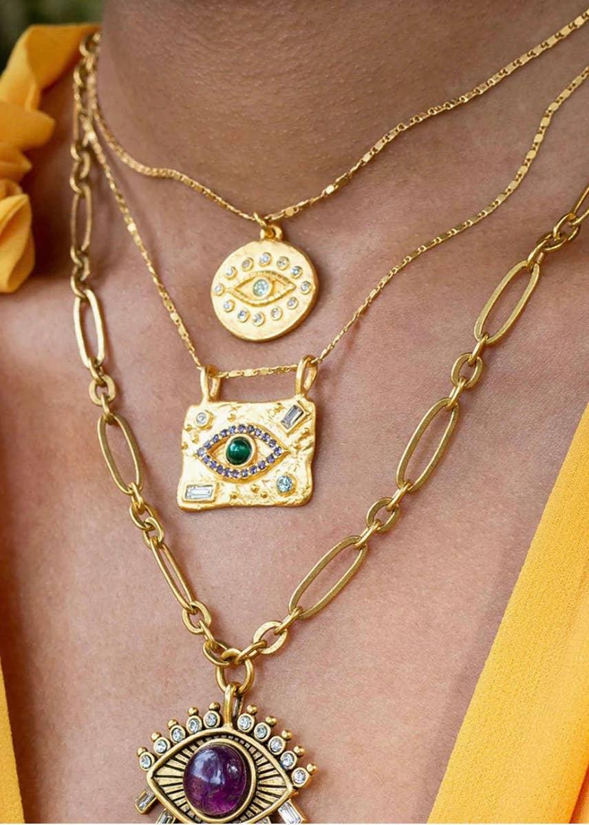 Evil Eye Protection Medallion Talisman 14K Gold Crystal Necklace on Model