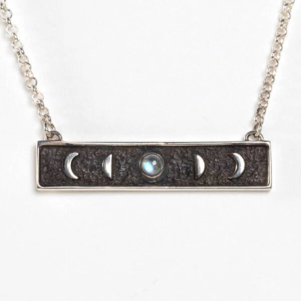 Phases of the Moon Bar Necklace with Rainbow Moonstone