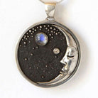 Crescent Moon Pendant with Diamond and Rainbow Moonstone - Shadow & Light Engraving
 front