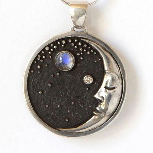 Crescent Moon Pendant with Diamond and Rainbow Moonstone - Shadow & Light Engraving
 front