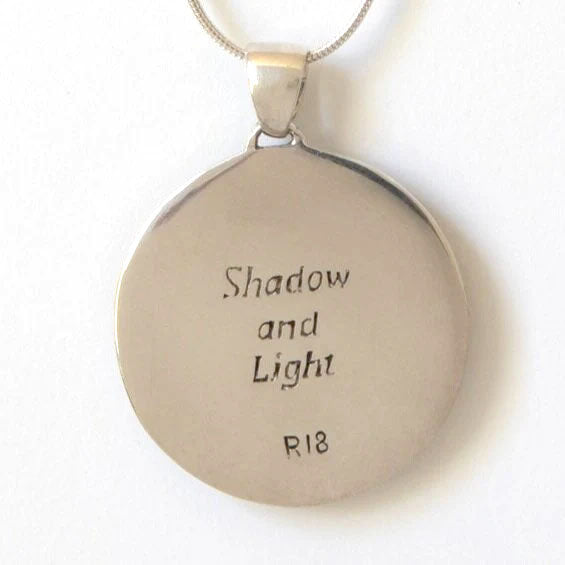 Crescent Moon Pendant with Diamond and Rainbow Moonstone - Shadow & Light Engraving
 back