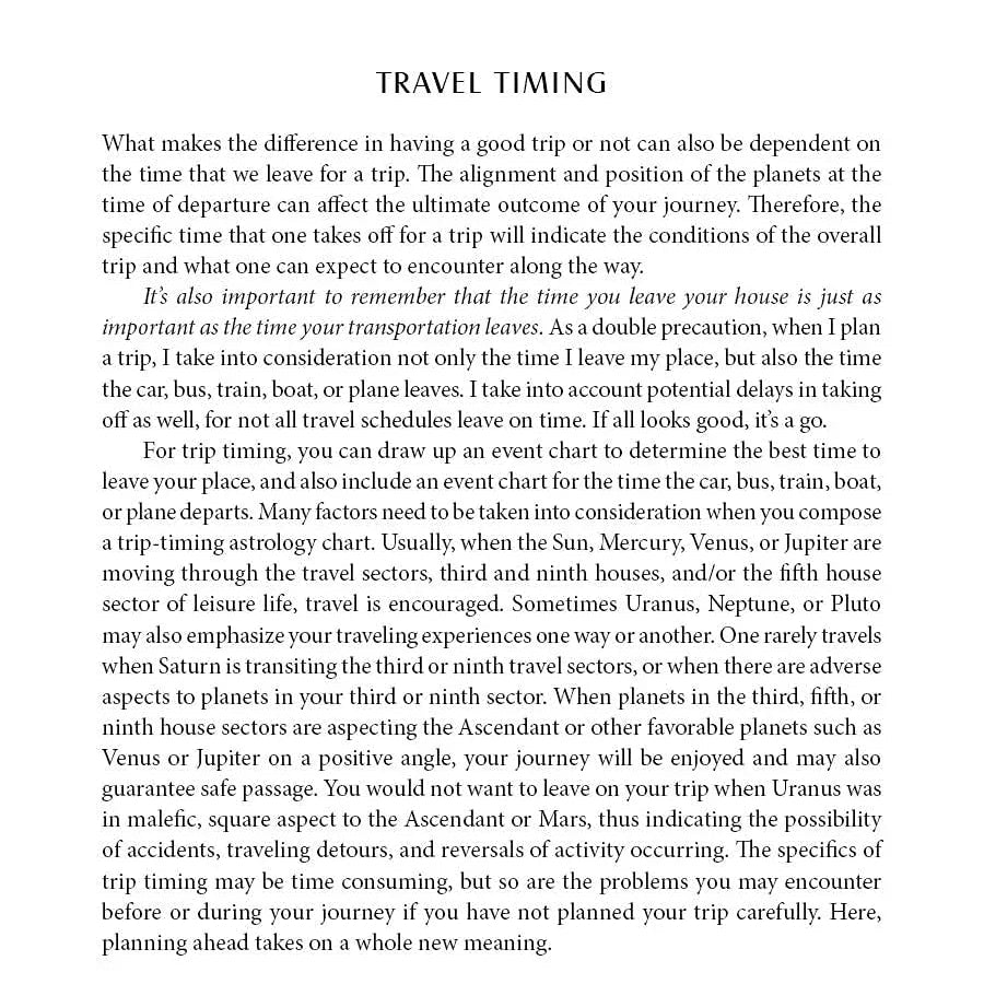 Book page with text on travel timing and chapter title 'Chapter 10 Travel Timing' on a white background.