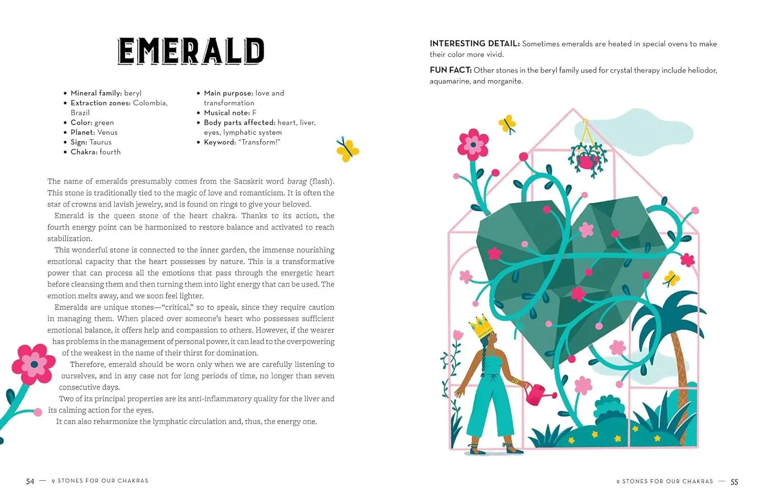 Book page about emerald with illustrations and text
