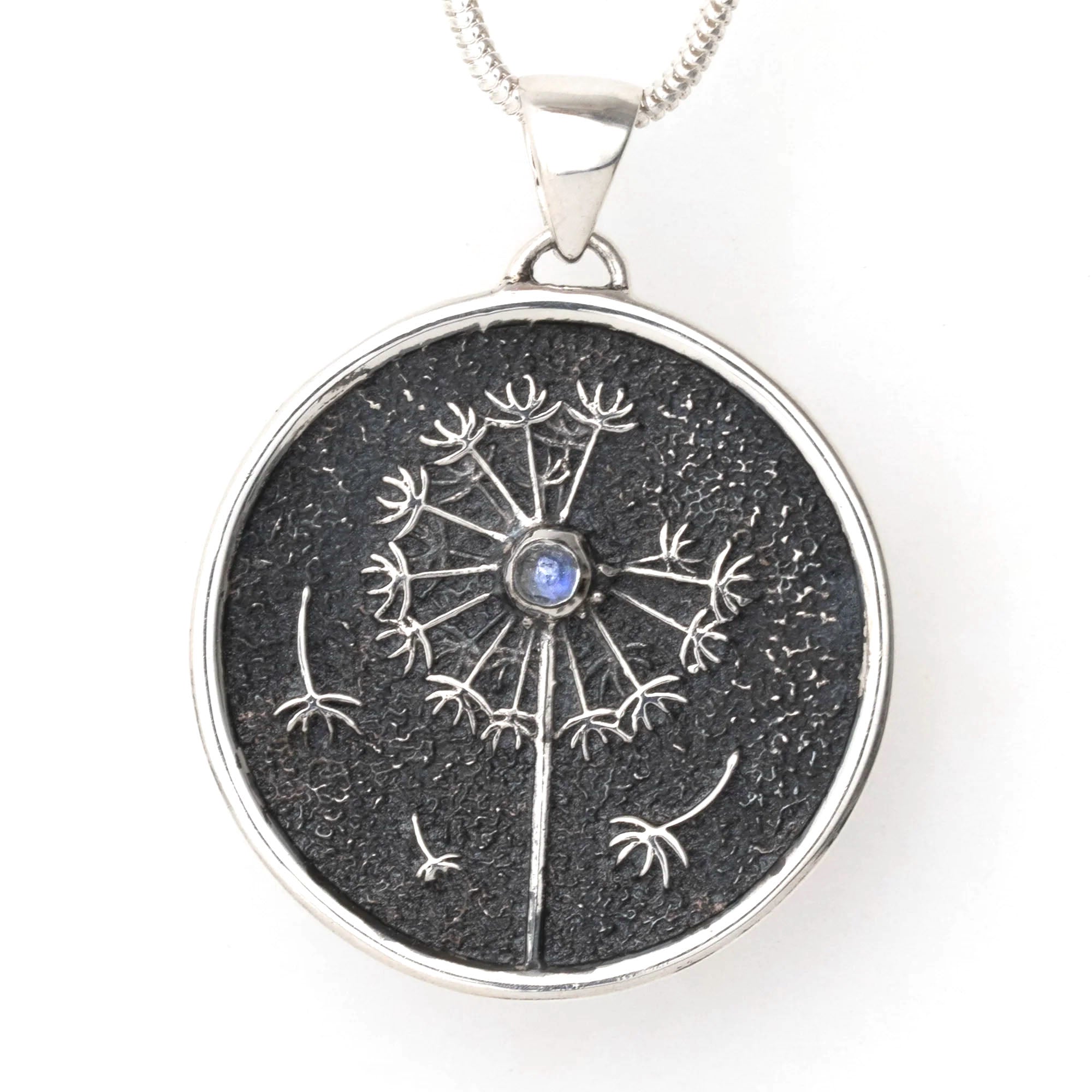 Dandelion Wish Pendant with Rainbow Moonstone front