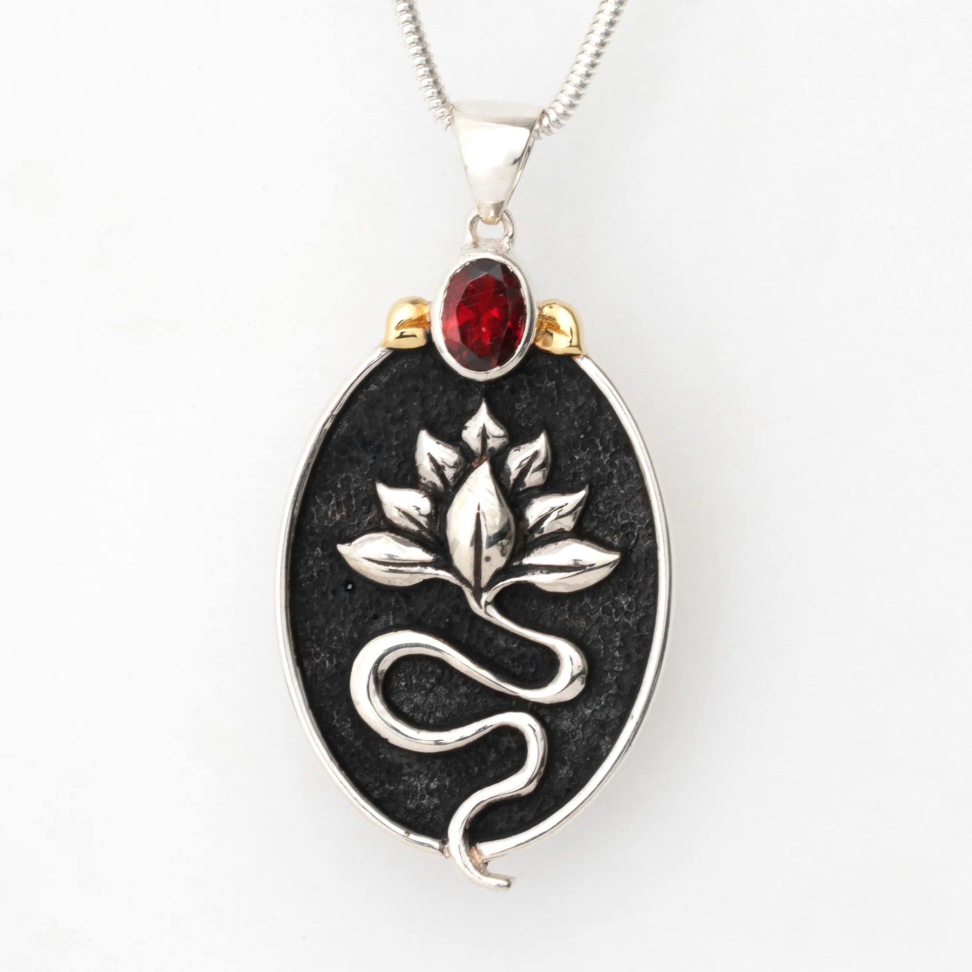 Lotus Snake Pendant with Garnet, Gold Plate Accent front