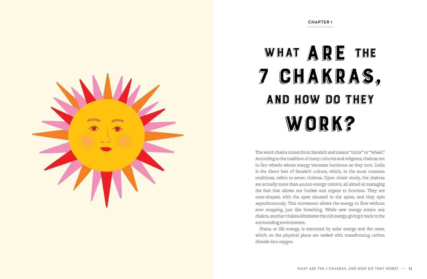Book page with a colorful sun illustration and text about chakras on a beige background