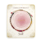 Chakra glow bracelet packaging with pink center and colorful beads on a white background