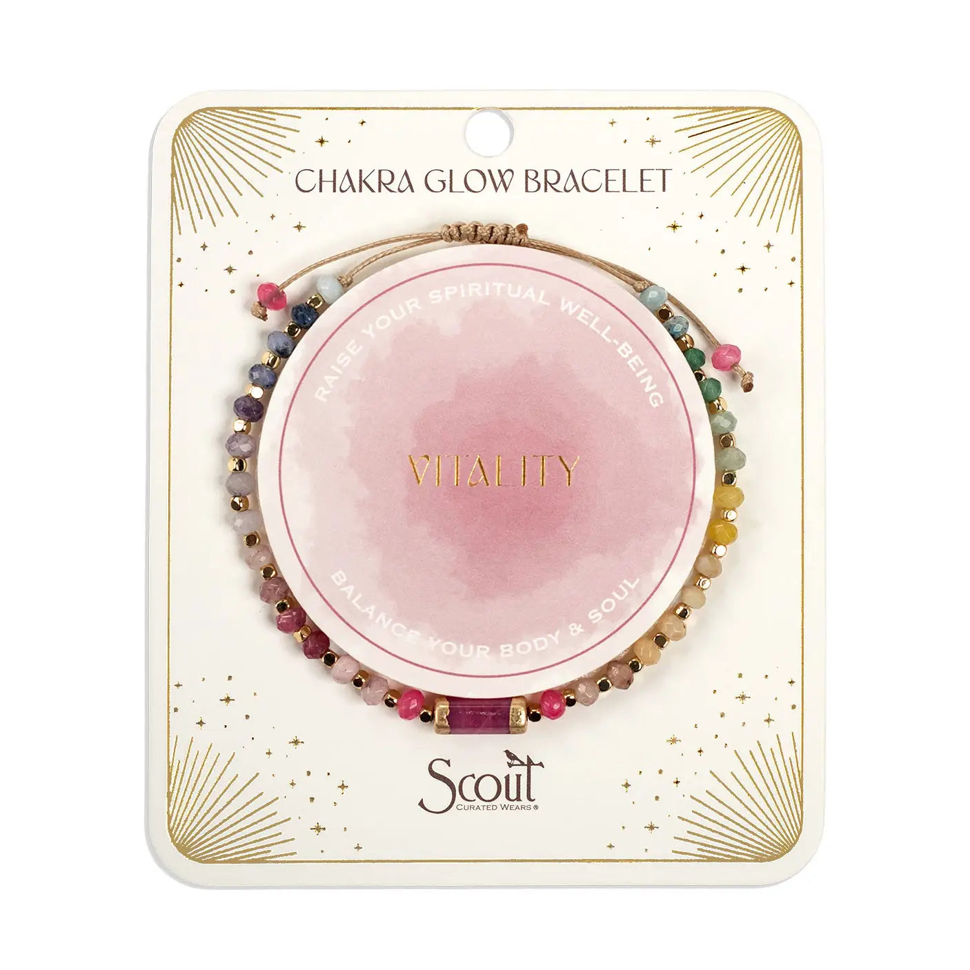 Chakra glow bracelet packaging with pink center and colorful beads on a white background