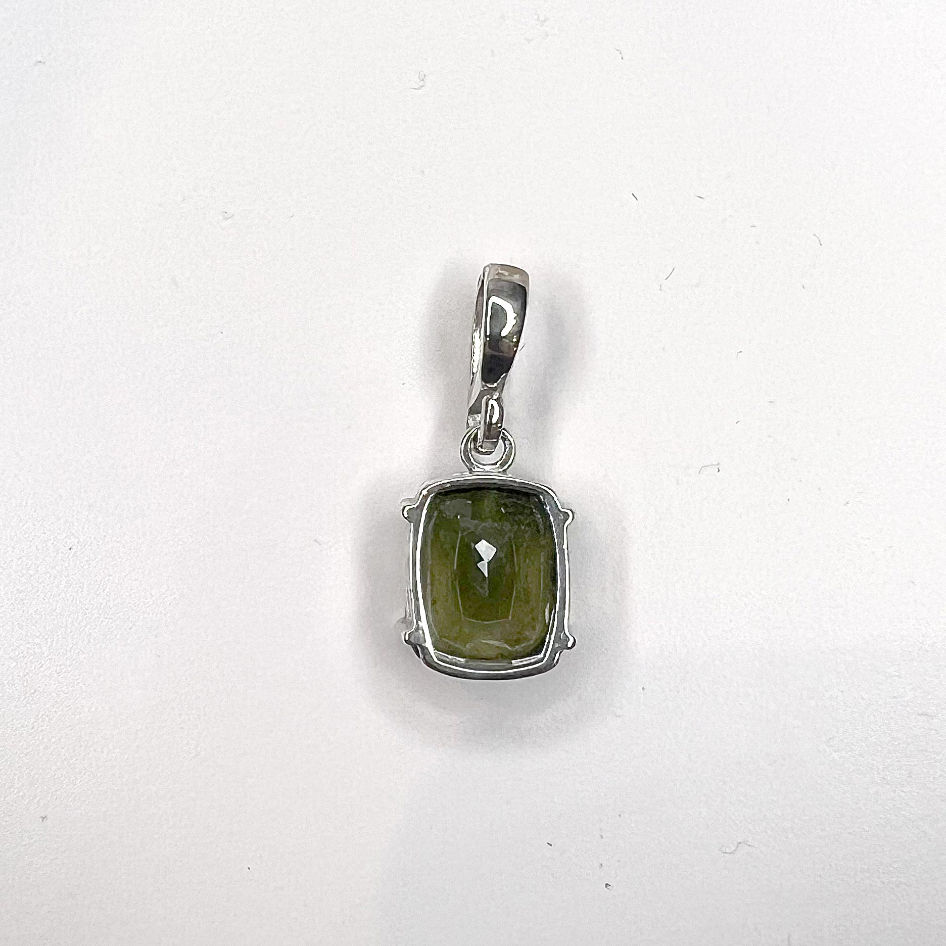 Moldavite faceted Pendant with Sterling Silver back view