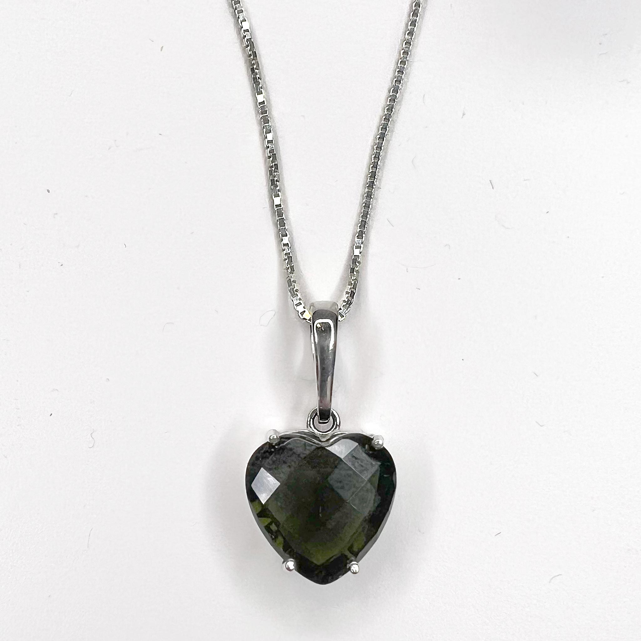 Moldavite Heart Faceted Pendant Necklace alternate front view