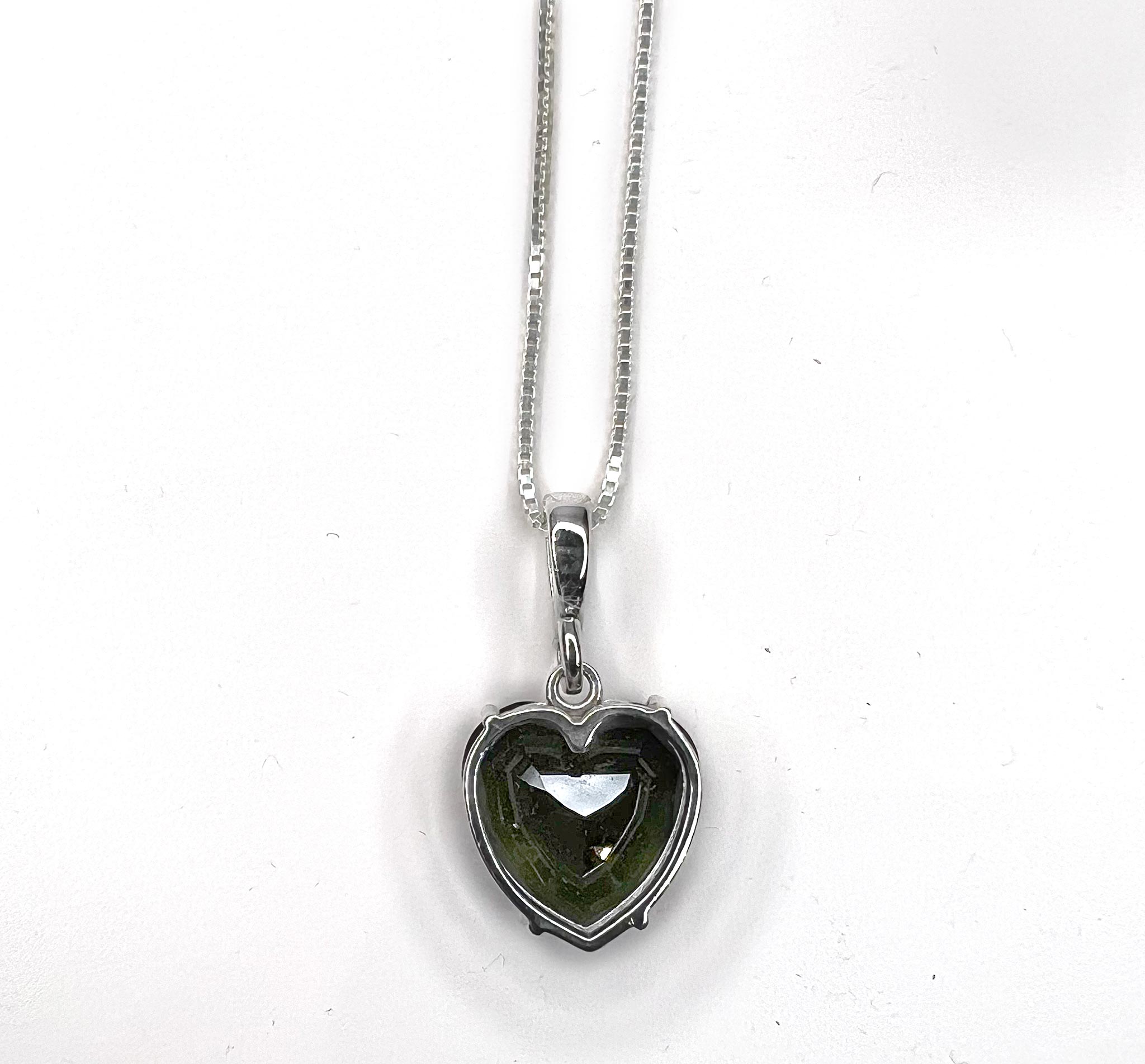 Moldavite Heart Faceted Pendant Necklace back side view