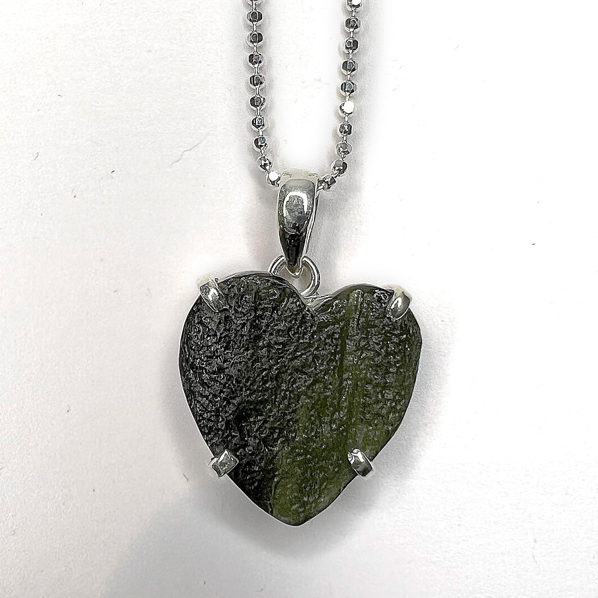 Moldavite Heart Pendant Necklace with 20" Sterling Silver chain close up