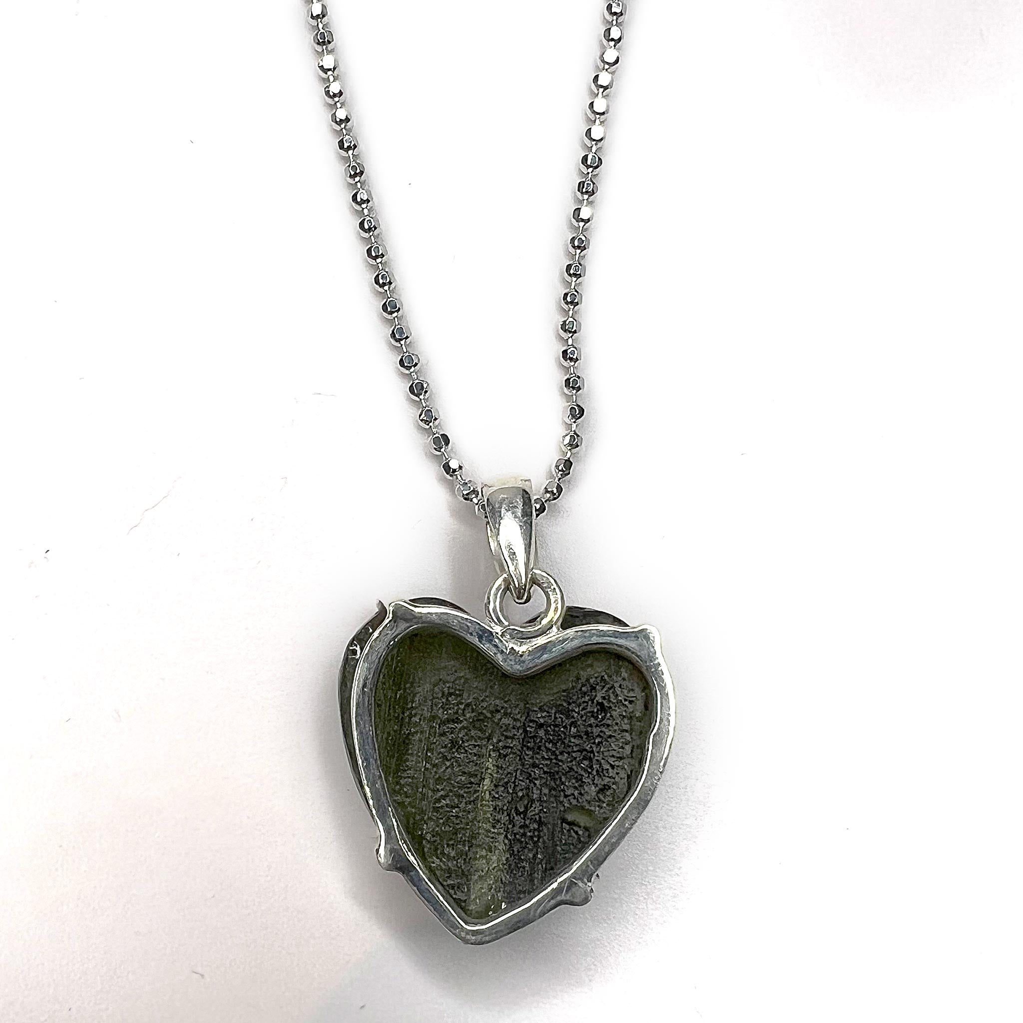 Moldavite Heart Pendant Necklace with 20" Sterling Silver chain rear side