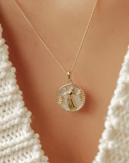 Libra Medallion Necklace Gold Plated over Brass, Mother of Pearl Inlay under Metal on Model