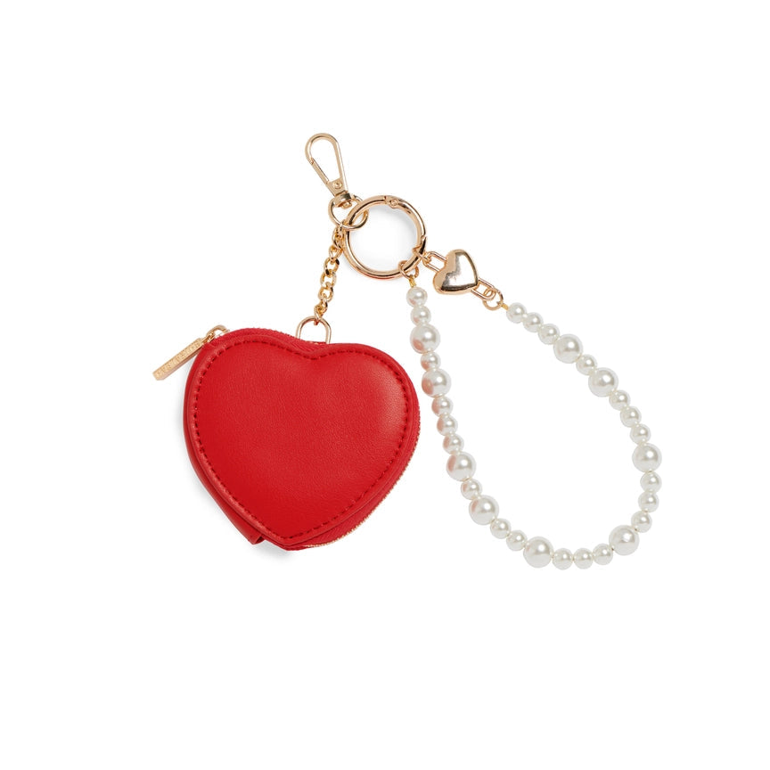 Red heart-shaped keychain charm with a pearl chain on a white background