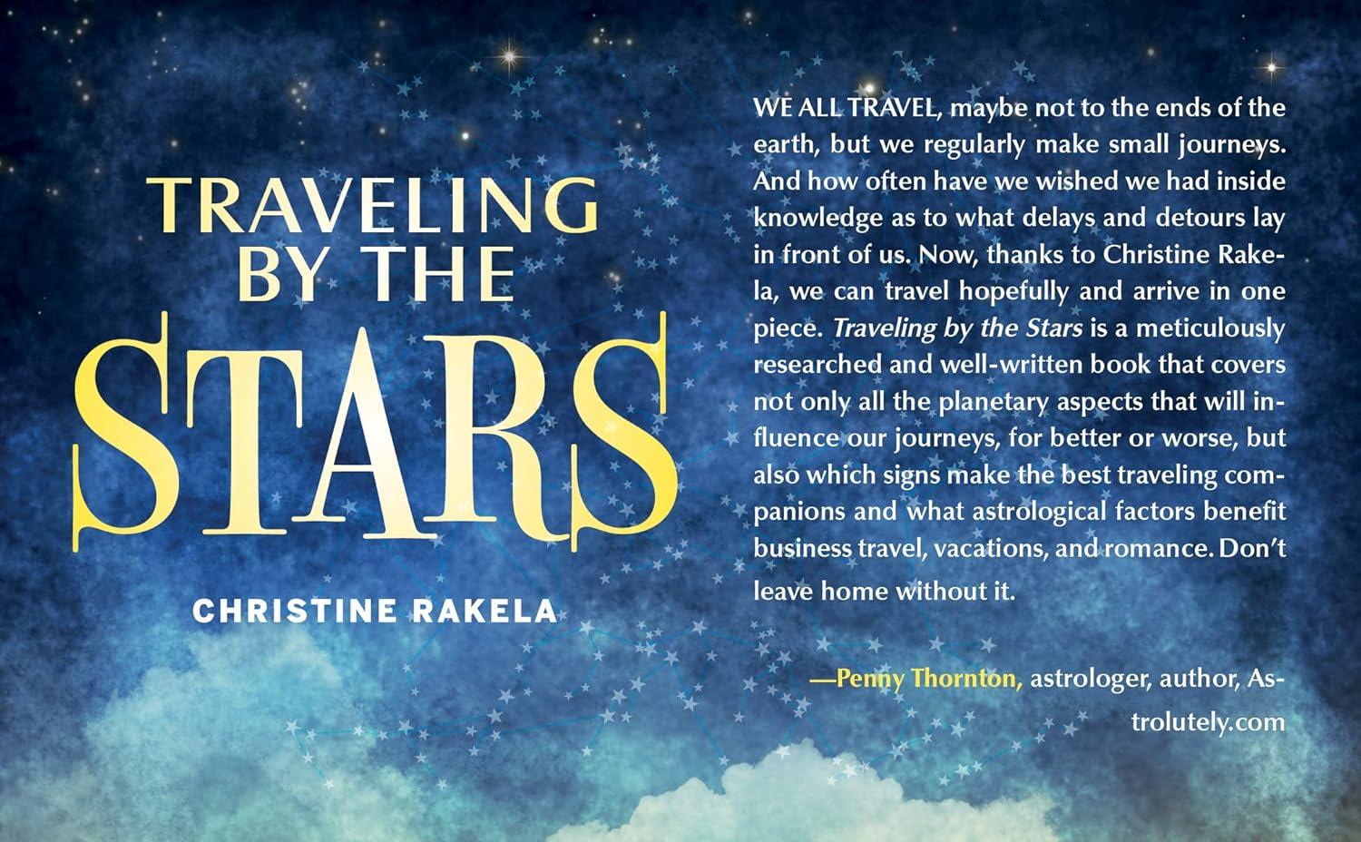Book back cover of 'Traveling by the Stars' by Christine Rakela with celestial background