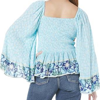 Sky Smocked Bodice Wide Sleeve Top Back View