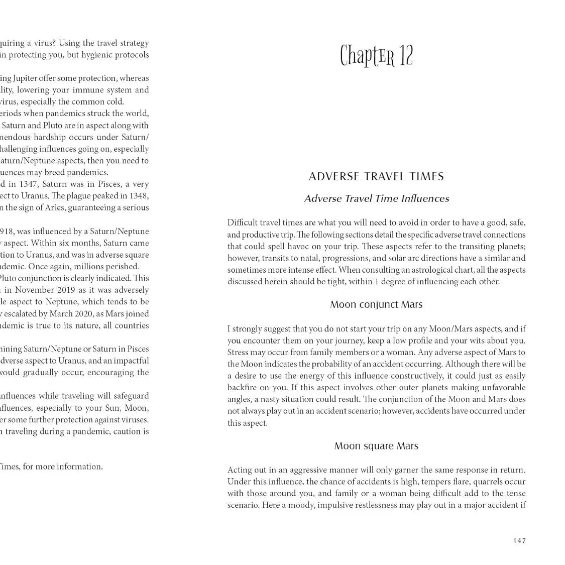 Page from a book with text on travel times and planetary influences.