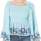 Sky Smocked Bodice Wide Sleeve Top Front View