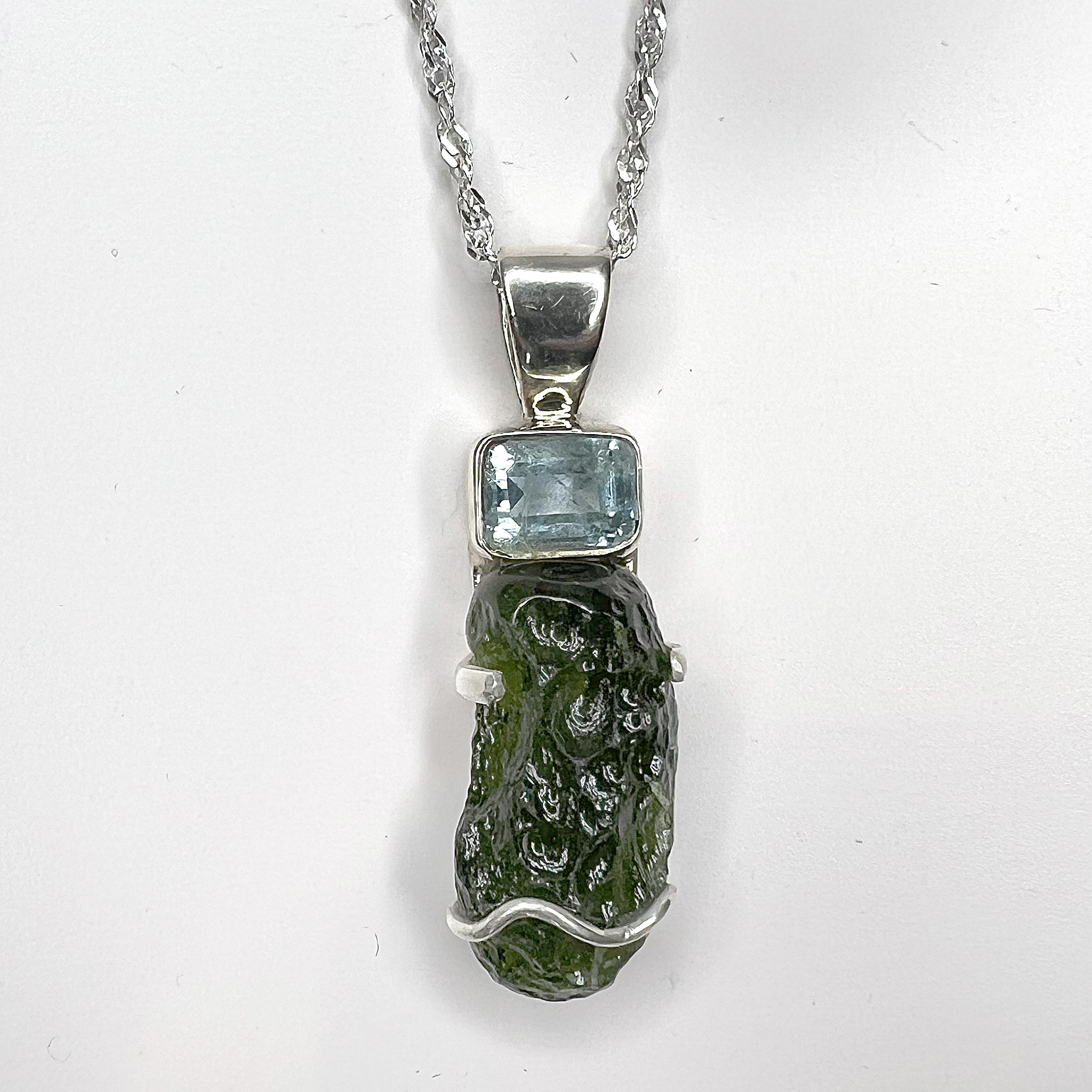 Moldavite Rough with Faceted Aquamarine Necklace Sterling Silver