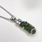 Moldavite Rough with Faceted Aquamarine Necklace Sterling Silver angle view