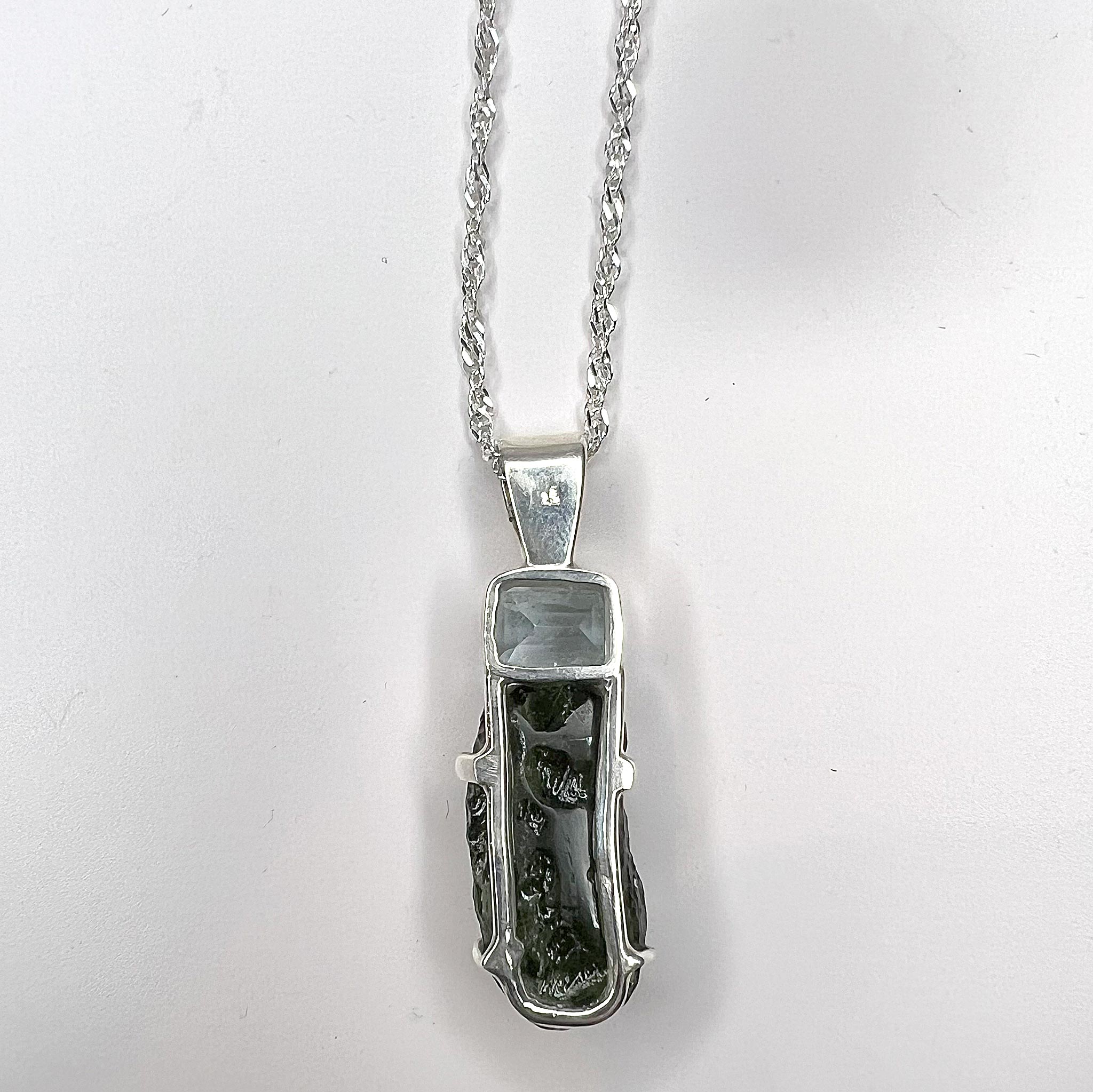 Moldavite Rough with Faceted Aquamarine Necklace Sterling Silver back side