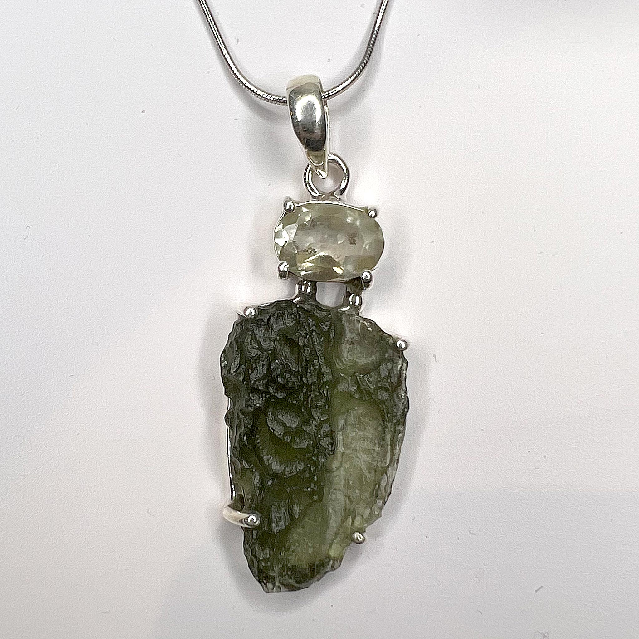 Moldavite Rough with Faceted Libyan Glass Necklace Sterling Silver front view