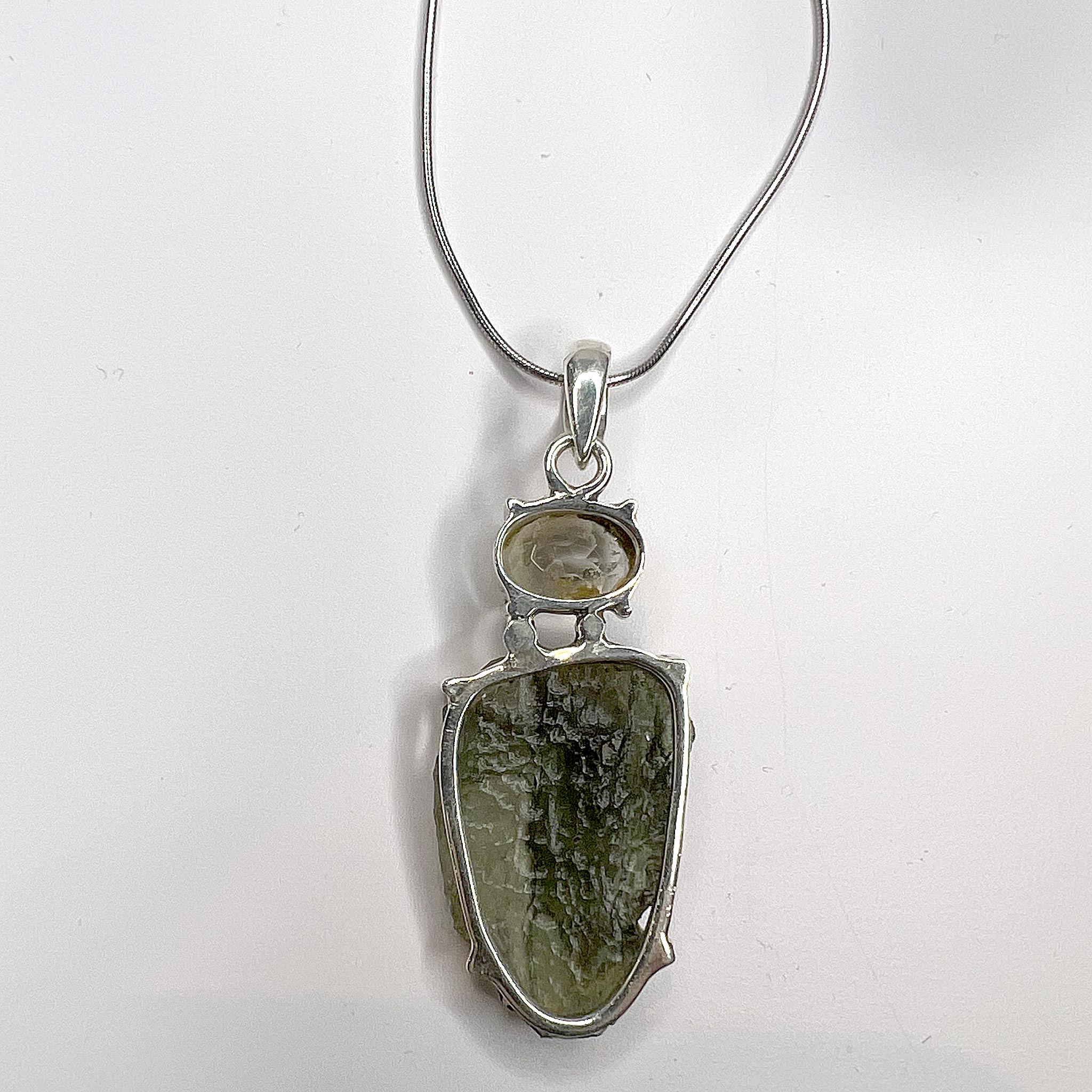 Moldavite Rough with Faceted Libyan Glass Necklace Sterling Silver back view