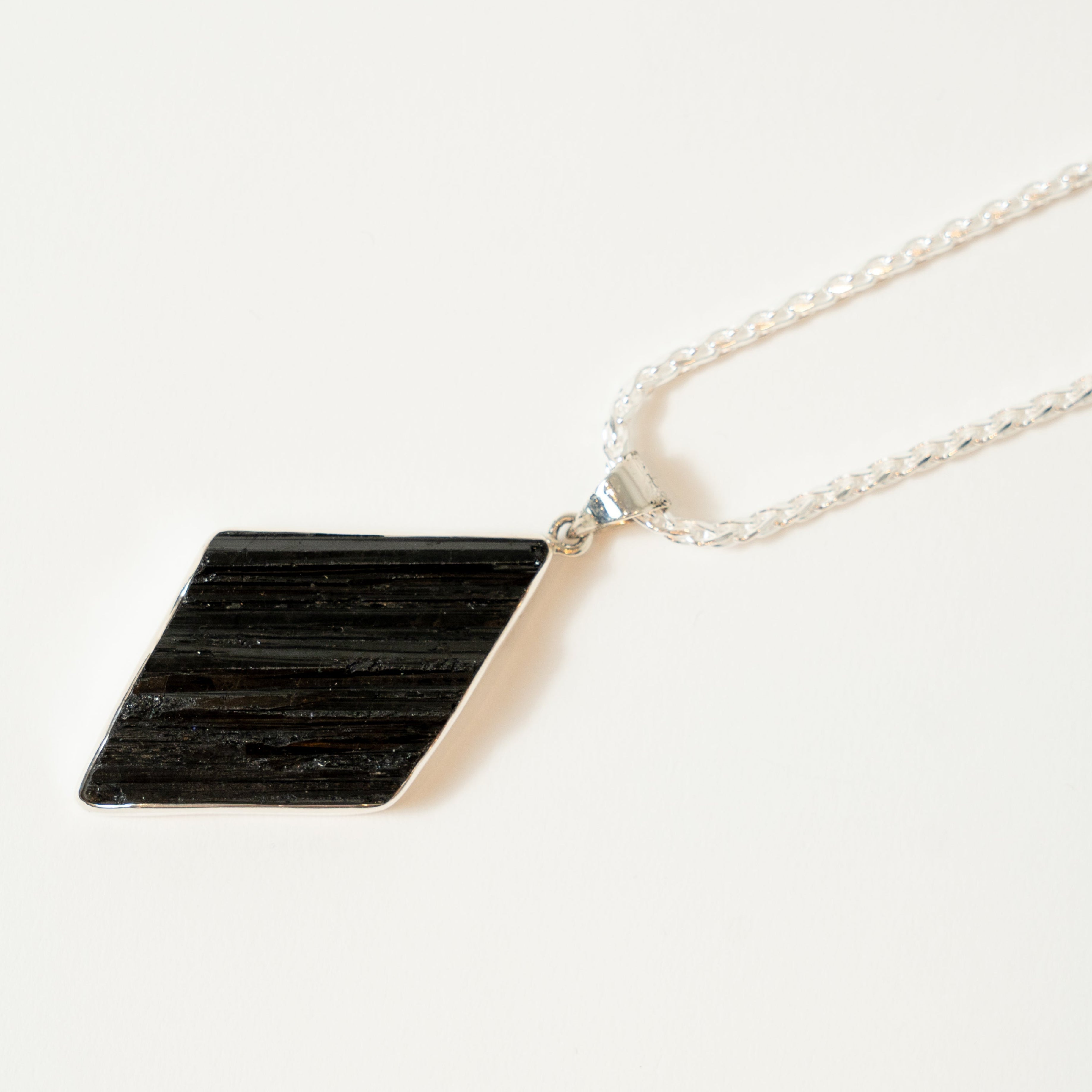 Natural Black Tourmaline Diamond-shape Pendant Necklace