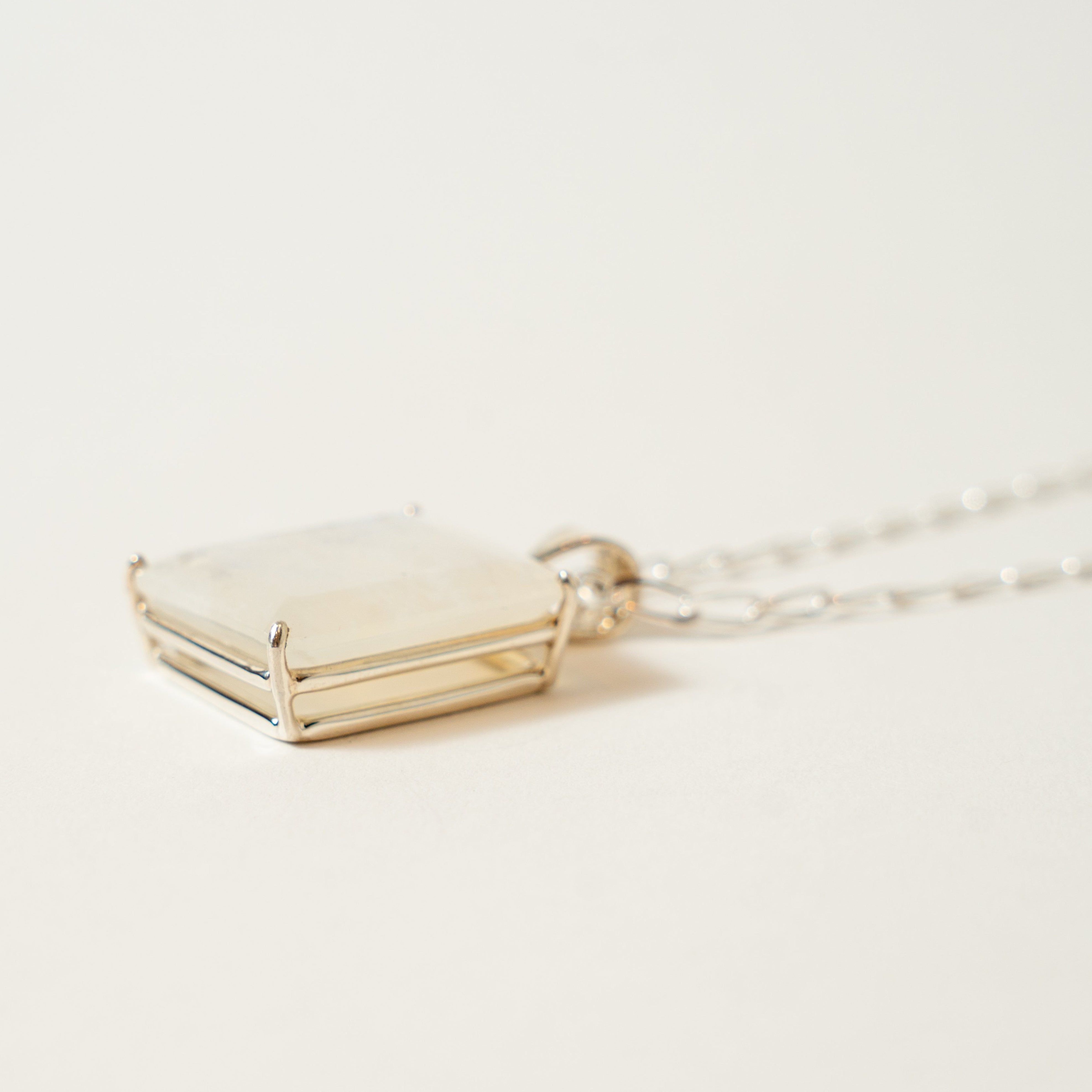 Rainbow Moonstone Square Cut Faceted Solitaire Necklace Side View