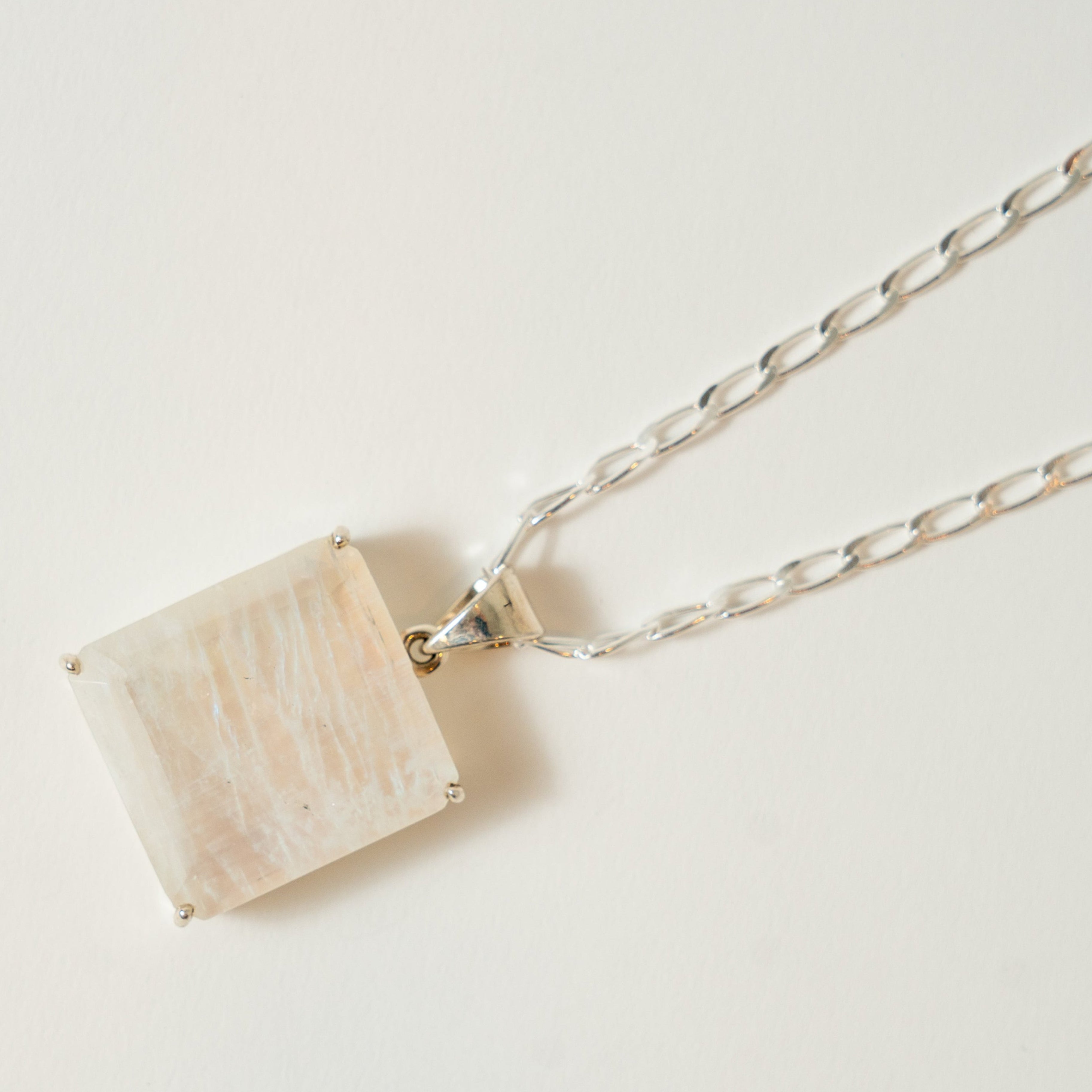 Rainbow Moonstone Square Cut Faceted Solitaire Necklace